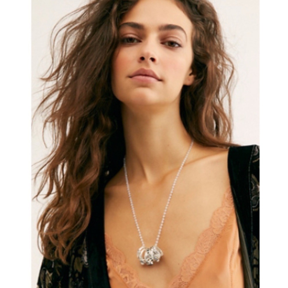 Free People White Beaded Silver Rosary Ring Set Necklace